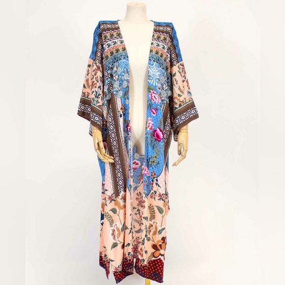 None Other - Bohemian Kimono duster, colorful print, midi length, one size fits most
